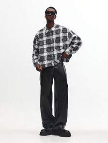 SUMWON 破洞格纹宽松版型纽扣衬衫长袖休闲纹理磨损毛边未完成下摆秋冬领口日常穿着