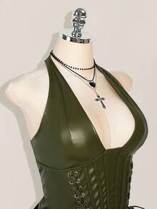 SHEIN ICON Áo hở vai cổ chữ V màu đỏ tía đơn giản, đơn giản, chất liệu da PU cỡ lớn dành cho nữ, màu trơn, đơn giản, thường ngày, có lỗ xỏ khuyên trang trí, áo ba lỗ buộc dây Y2K khi đi chơi - Màu xanh Ô liu - Xem 4