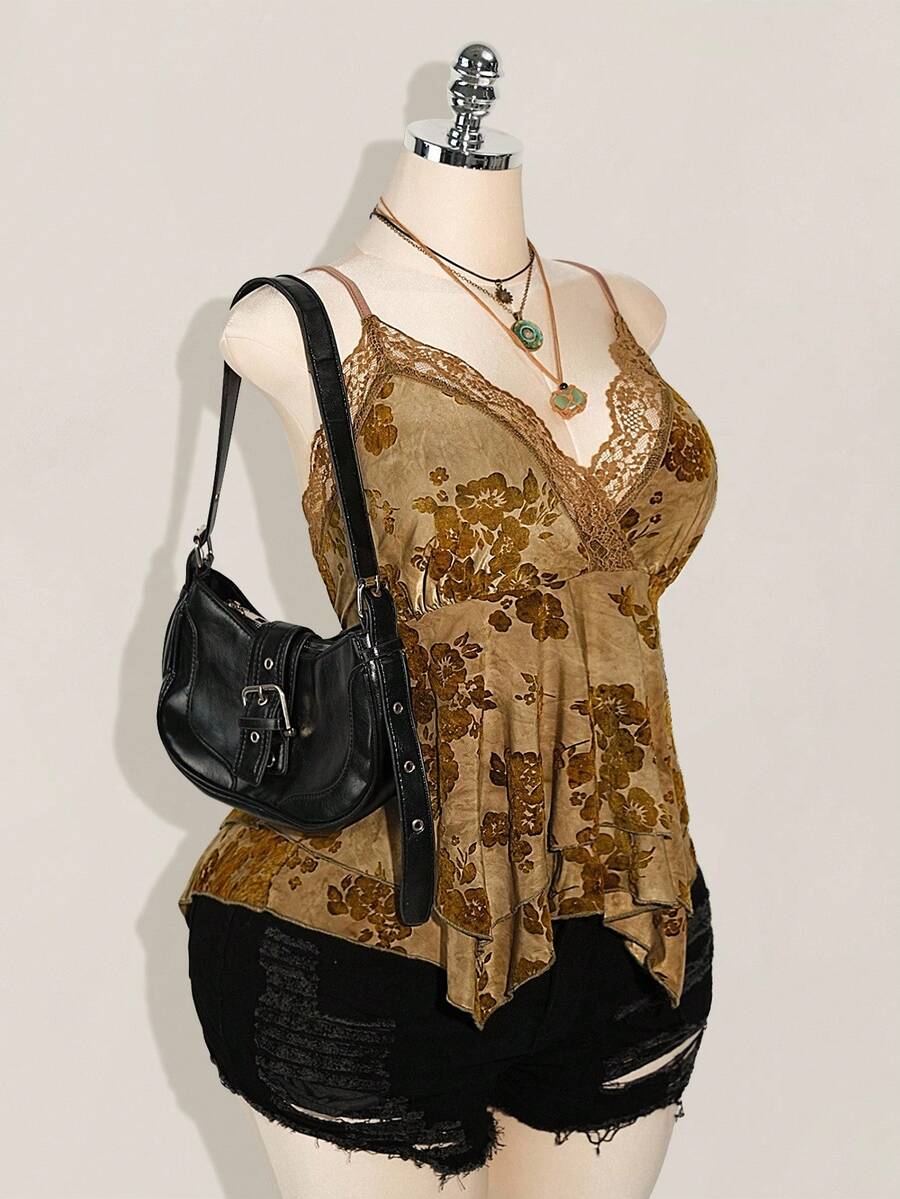 SHEIN ICON Áo hai dây họa tiết ren tương phản Hippie cỡ lớn cho nữ, viền bất đối xứng, thích hợp cho lễ hội, kỳ nghỉ hè, mùa tốt nghiệp, trở lại trường - Màu vàng - Xem 1