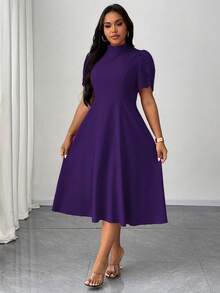 Vionelle 大码女式短袖连衣裙，休闲简约日常穿搭，收腰A字廓形，优雅高领紫色连衣裙，适合度假休闲穿着 - 紫色 - 查看 3