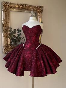 Lovelzi 优雅奢华的红色编织提花面料手工珍珠装饰甜心领复古腰部 A 字短款女士正式晚礼服