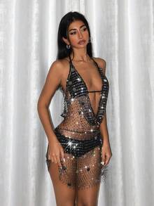 EgrlEra Women's Rhinestone Sequin Party Mini Dress, Suitable For Party Outfit - Black - View 5