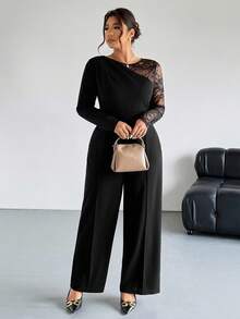 Firerie Plus Size Elegant Casual Commuter Professional Office Work Daily Vacation Sexy Party Business Lace Patchwork Long Sleeve Slim Straight Stretch Jumpsuit For Women Clothes For Women Spring - Black - View 6