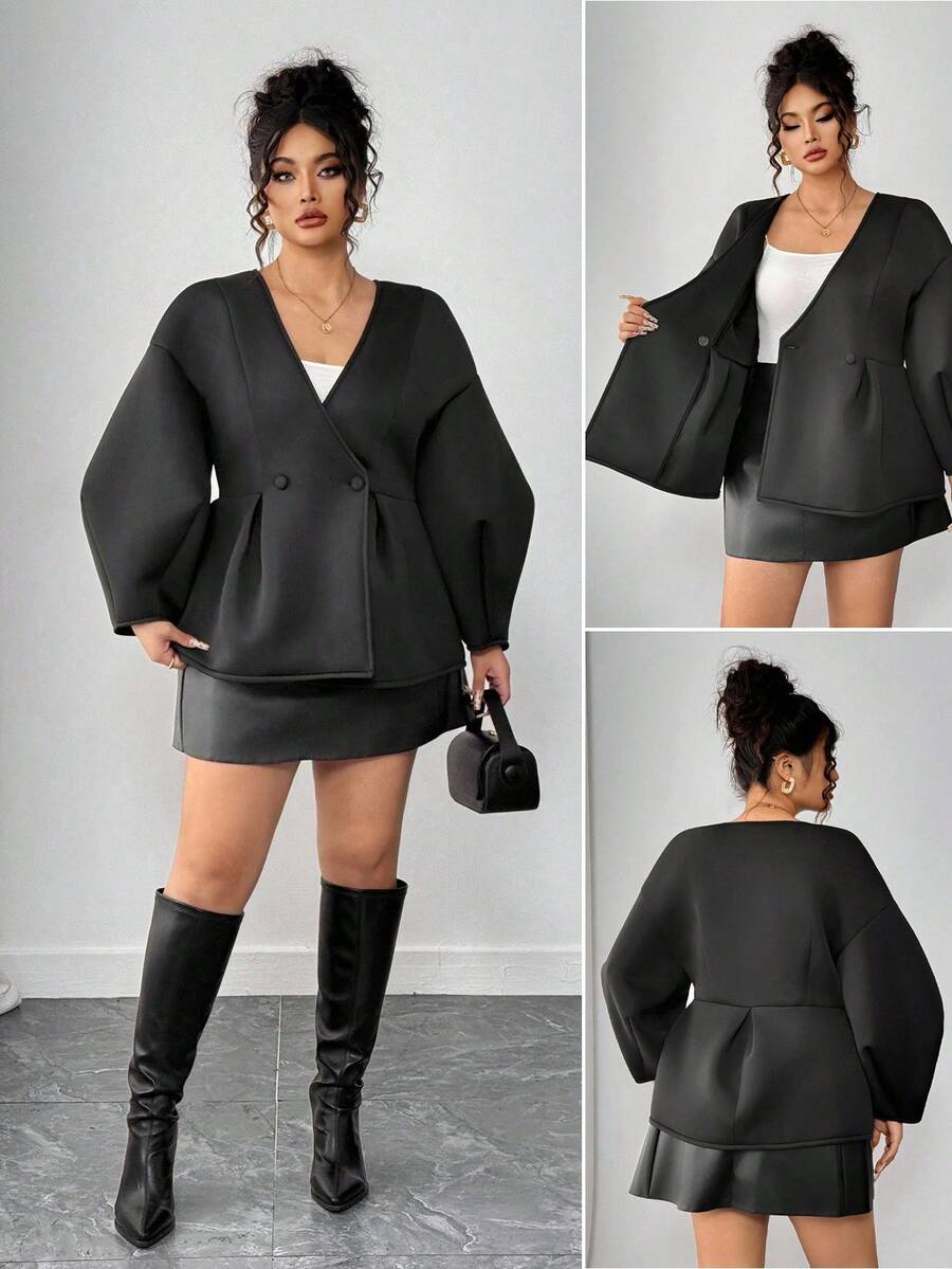 Elenzga Chaqueta elegante de mujer de talla grande con cuello en V, unicolor, manga abullonada y botones - Negro - Ver 1