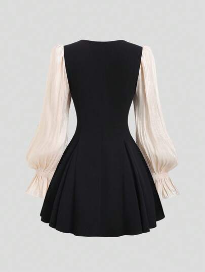 Sweetra New Neck Preppy Chic Flared Line Puff Sleeve Mini Dress, Dress view 2