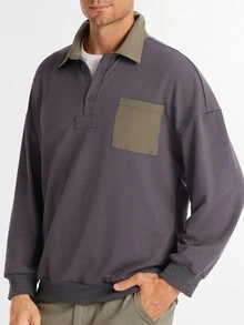 Manfinity Dauomo Maglietta casual da uomo con colletto polo e maniche lunghe, a blocchi di colore, per l'autunno - Grigio Scuro - Visualizzare 3