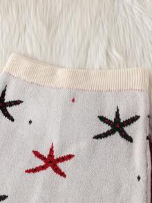 Set de 2 piezas de suéter y falda de punto con estampado de estrellas para niñas, edición navideña con top con capucha casual de manga larga - Blanco - Ver 5