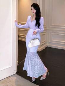 DAZY Váy đuôi cá phối ren sang trọng thanh lịch dành cho nữ - Hồng - Xem 9