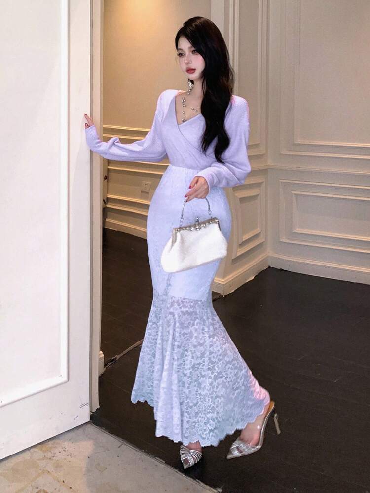 Women's Elegant Commuter Lace Patchwork Fishtail Dress Prom Dress