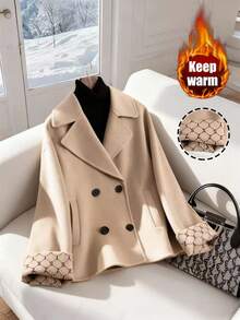 GlowEve Women's Simple Daily Wear Notched Collar Double-Breasted Jacket, Autumn/Winter - Khaki - View 1