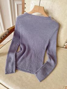 Modelyn Women's Autumn 3D Floral Decor Long Sleeve Fitted Elegant Sweater - Grey - View 2