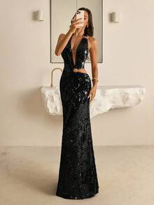 Vowa Modisch, sexy, avantgardistisch, Mesh, glänzend, pflaumenlila, burgunderrot, Pailletten-Stoff, Metallschnallen-Dekor, Cut-Out, rückenlos, Mini A-Linien Rock, geeignet für Nachtclub, Party, Urlaub, Cocktailparty, Check-In, formeller Tanz