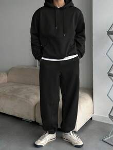 DAZY 男士纯黑色保暖连帽衫套装，秋冬季保暖款 - 黑色 - 查看 8