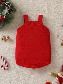 Barboteuse de Noël pour bébé fille avec broderie de lignes et pantalon à bretelles, convient pour le printemps, l'automne et l'hiver - Rouge - Voir 2