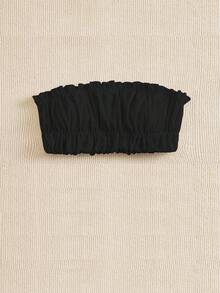 Swim Basics Summer Beach Ruched Bust Frill Trim Bandeau Bikini Top Strapless Bikini Top - Black - View 4