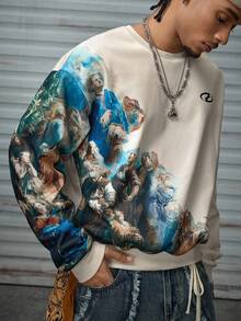 AXEPEAK Men's Patterned Sweatshirt Retro Oil Painting Print Round Neck Loose Long Sleeve Pullover Sweatshirt, For Fall Winter - Multicolor - View 4