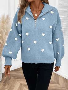 EURMUSE Women's Casual Everyday Commute Loose Fit Heart Pattern Drop Shoulder Half Zip Cardigan Sweater, Autumn/Winter - Baby Blue - View 3