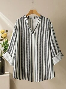 Lacomfia Women's Textured Colorful Striped Print Long Sleeve Shirt And Wide Leg Pants Casual Loose Comfortable Plus Size Set - Multicolor - View 4