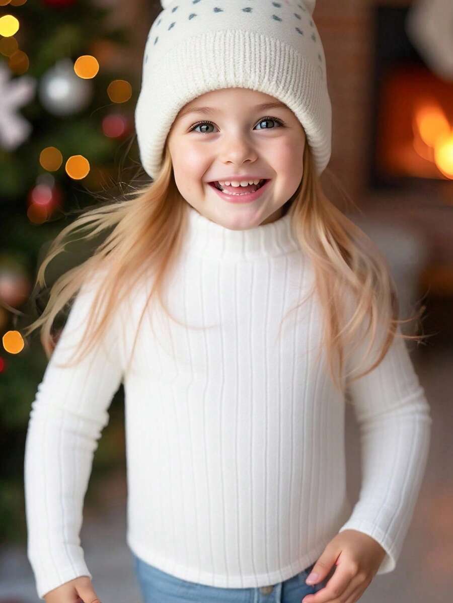 SHEIN Áo thun tay dài vải dệt kim cổ cao đơn giản cho bé gái, thích hợp cho mùa thu đông - trắng - Xem 1