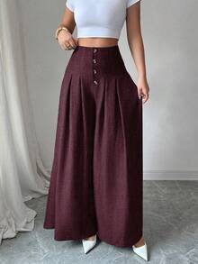 Elenzga Quần ống rộng xếp ly đơn giản màu trơn cao cấp thời trang nữ - Màu Đỏ Sâu - Xem 4