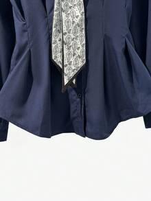 INAWLY Plus Size Women Bow Tie Collar Single-Breasted Casual/Work Shirt, Long Sleeve - Navy Blue - View 4