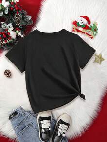 GraphicGems Tween Girls' Christmas Reindeer Horn & Letter Print Casual Loose Crew Neck T-Shirt, Holiday Outfit, Christmas Clothes, Suitable For Christmas Celebration, Black