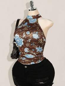 SHEIN ICON 加大码 Y2K 夏季外出波西米亚风西部乡村音乐会女式性感露背花卉印花挂脖上衣，夏季 - 棕色 - 查看 6