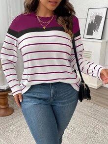 SHEIN LUNE Plus Size Color Block Striped Long Sleeve Women T-Shirt Tees Women Tops For Spring - Red Violet - View 1