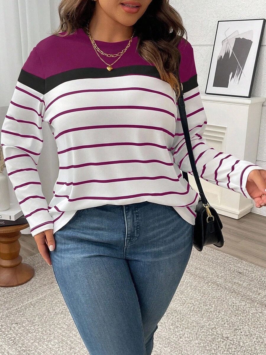 SHEIN LUNE Plus Size Color Block Striped Long Sleeve Women T-Shirt Tees Women Tops For Spring - Red Violet - View 1