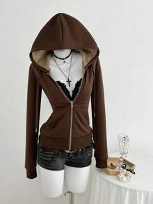 Elamini 修身复古风格针织弹力连帽保暖内衬长袖口袋女式运动衫 女式秋季服装 - 棕色 - 查看 4