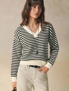 Cévolie Women's Casual V-Neck Dropped Shoulder Long Sleeve Striped Knit Pullover Sweater, Autumn/Winter - Multicolor - View 1