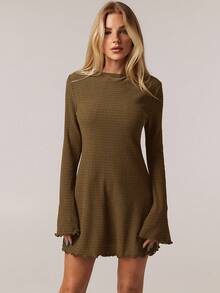 SHEIN Forever 21 1 件女士休闲纯色优雅喇叭袖连衣裙，春夏 - 咖啡棕 - 查看 6