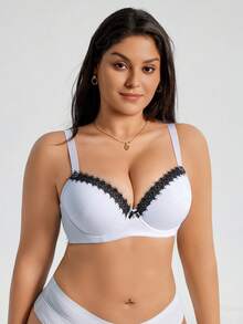 SHEIN 1pc Plus Size Women Contrast Lace Striped Wireless Adjustable Bra, Lift - Black and White - View 6