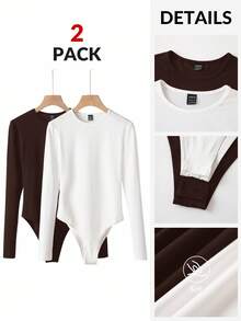 SHEIN BASICS 2件套休闲纯色针织圆领长袖女式紧身衣 - 棕色 - 查看 3