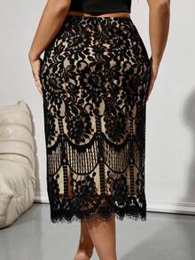 Firerie Váy dài họa tiết hoa hình học cổ chữ V ren tương phản cỡ lớn cho nữ, thích hợp cho các buổi hẹn hò và tiệc tối - màu đen - Xem 2