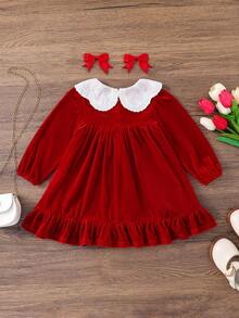 SHEIN 女童白色领丝绒连衣裙，时尚优雅的丝绒连衣裙，荷叶边设计，长袖，休闲简约，适合婚礼季、秋冬季节、派对、生日、公主风等场合，也可作为姐妹装穿着。另有红色连衣裙、红色节日连衣裙、酒红色丝绒连衣裙、红色新年连衣裙、红色连衣裙、酒红色丝绒连衣裙、长袖连衣裙、红色蝴蝶结连衣裙、红色连衣裙、双胞胎女童连衣裙等款式可供选择。 - 紅色 - 查看 4