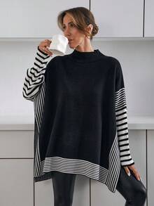 EURMUSE Women Stripe Pattern Round Neck Drop Shoulder Oversize Pullover Oversized Tops Sweaters For Women Plus Oversized Sweatshirt Woman Jumper For Woman Modest Tops For Women - Black - View 4