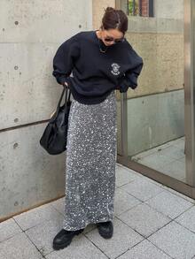 FRIFUL 女士银色亮片纹理面料直筒修身休闲百搭长裙，秋冬新年嘉年华 - 灰色 - 查看 3