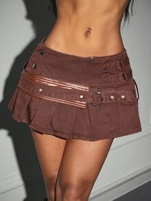 SHEIN EZwear Váy mini xếp ly denim cạp thấp phong cách Mỹ Y2K đơn giản, đa năng - màu nâu - Xem 4