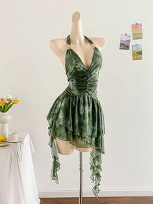 Soleia Romantic Vacation Halter Knit Mesh Blue Printed Dress For Women,Dresses For Women Party Short Green Dress Fairy Core Dress - Green - View 5