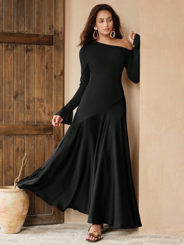Anewsta Essential High-EndKnitted & Woven Patchwork Sexy Slim-Fit HighWaist Slash Shoulder Long Sleeve Dress InCoffee Color