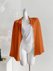 Resyla Women's Casual Loose Solid Color Button-Up Long Sleeve Shirt - Orange - View 4