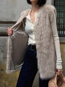 DAZY Women's Autumn Elegant Front Open Faux Fur Vest Jacket