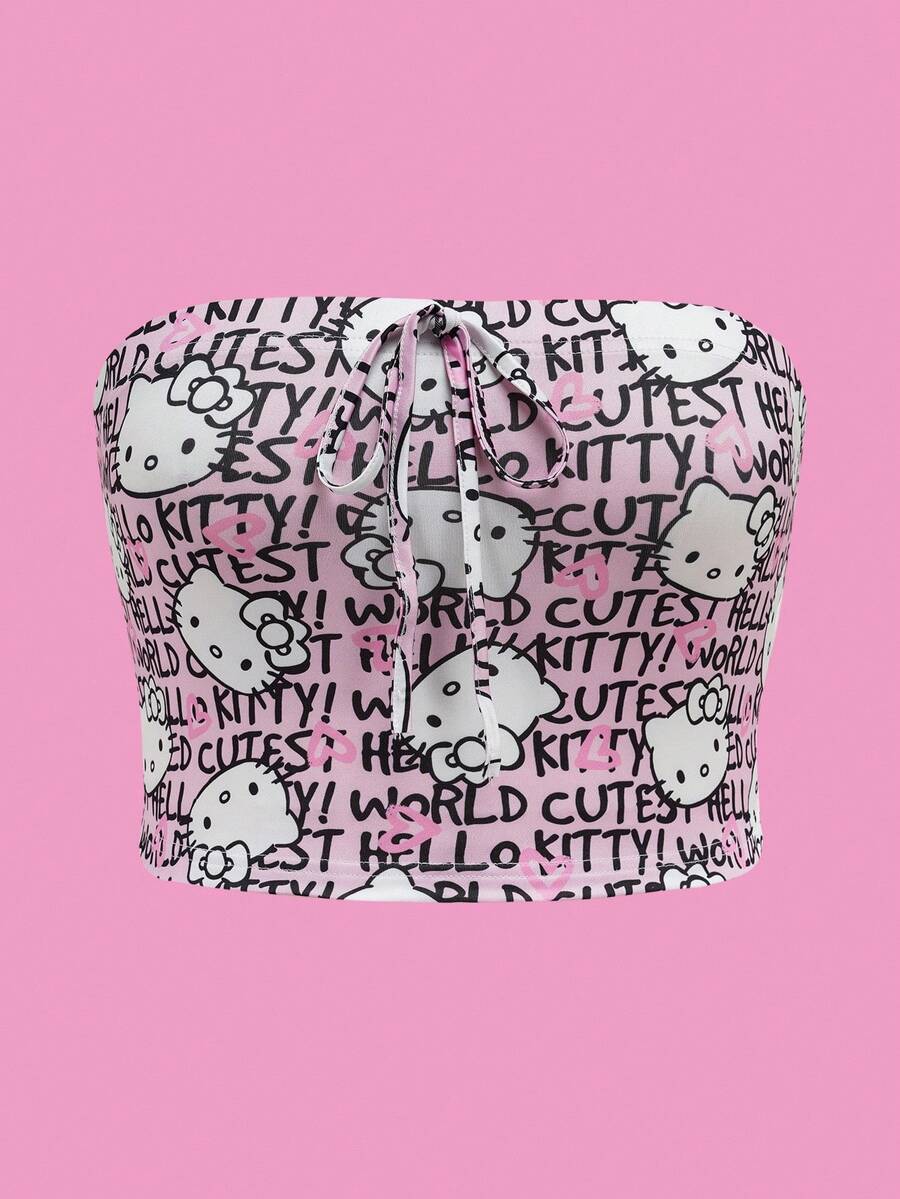 HELLO KITTY AND FRIENDS | SHEIN 大码休闲时尚针织弹力前系带卡通图案紧身粉色抹胸 - 彩色 - 查看 1