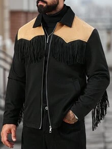 Manfinity Nomadique Men's Colorblock Long Sleeve Thermal Lined Single Breasted Casual Loose Jacket, Autumn Country Concert Vintage Jacket