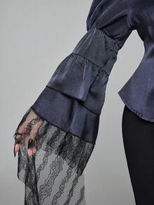 ROMWE EDITION 加大码中世纪复古深色哥特式蕾丝拼布长袖衬衫 - 灰色 - 查看 13