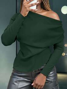 Women's Autumn Minimalist Solid Color Asymmetric Hem Long Sleeve T-Shirt - Dark Green - View 3