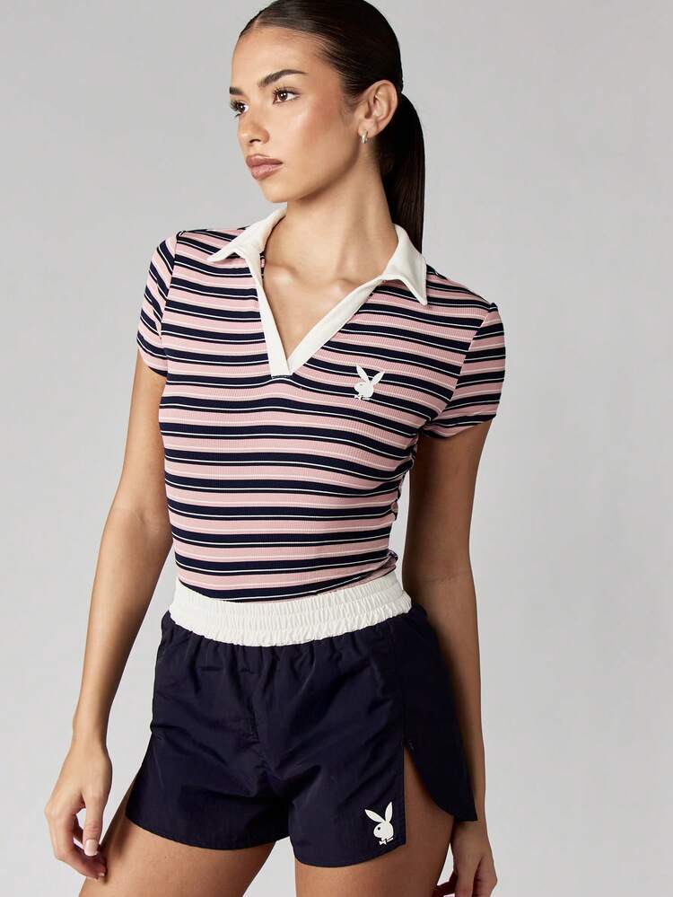 Missguided x Playboy Retro Stripe Ribbed Polo Bodysuit Classic Y2K Preppy Style Collared Short Sleeve Summer Casual Tennis Inspired One Piece