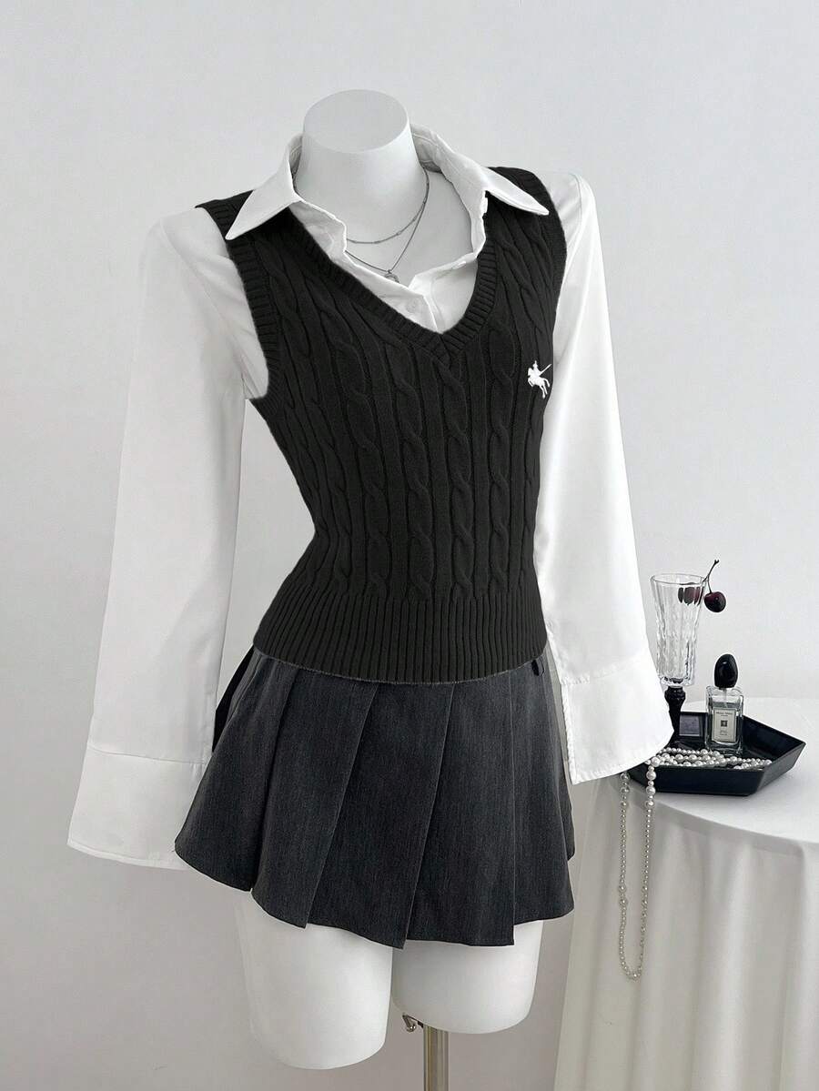Elamini Casual Versatile Cable Knit Sweater Vest - Black - View 1
