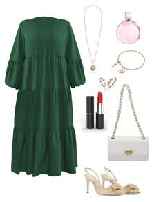 Vionelle 大码女式春夏纯色圆领灯笼袖荷叶边下摆宽松休闲连衣裙长款女装 - 墨綠色 - 查看 3